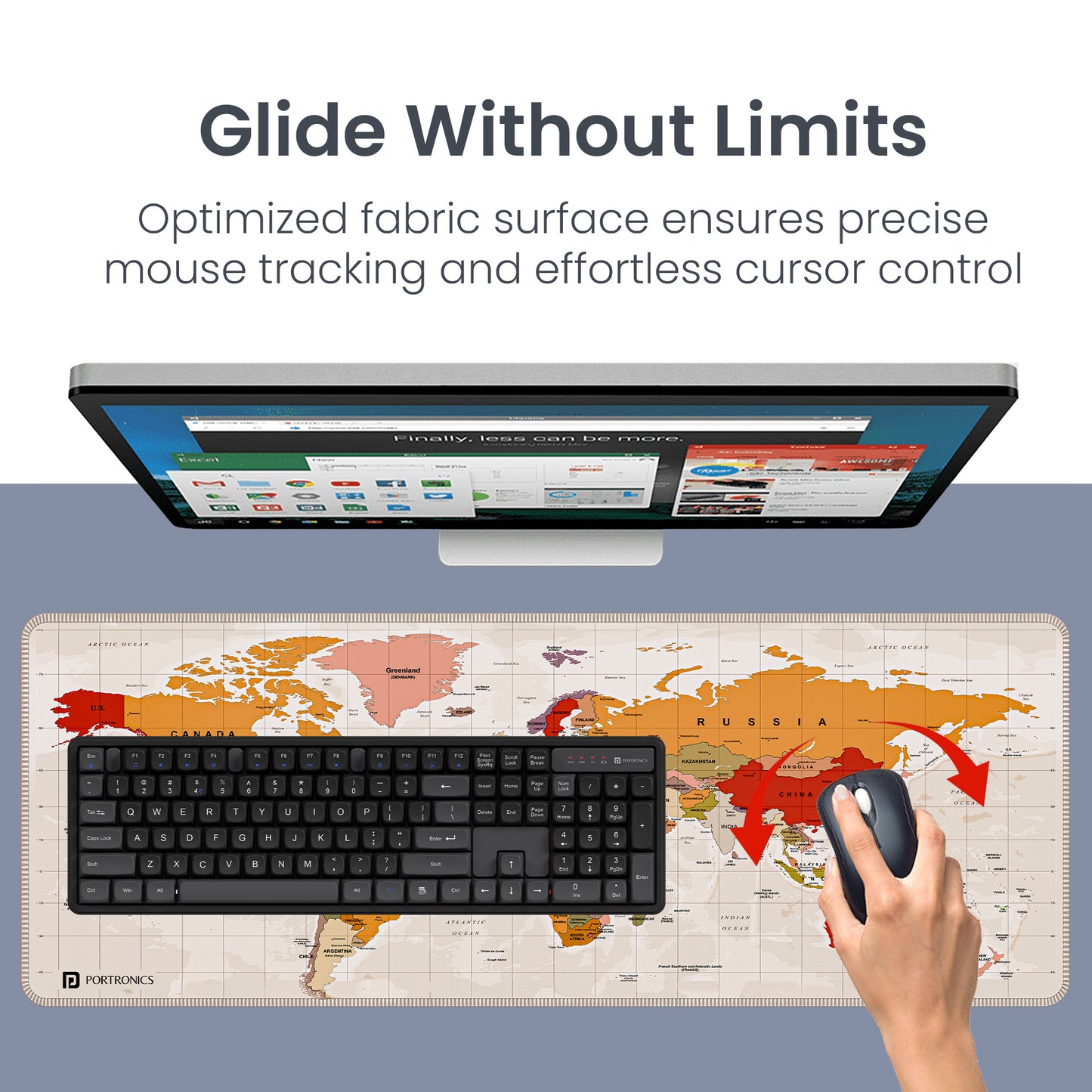 Beige portronics comfipad atlas xl printed mouse pad in clean workspace setup with wireless mouse keyboard and desktop monitor showing smooth fabric surface for precise tracking | best gaming mouse pad for laptop and computer accessories for work and gaming | top computer accessories online