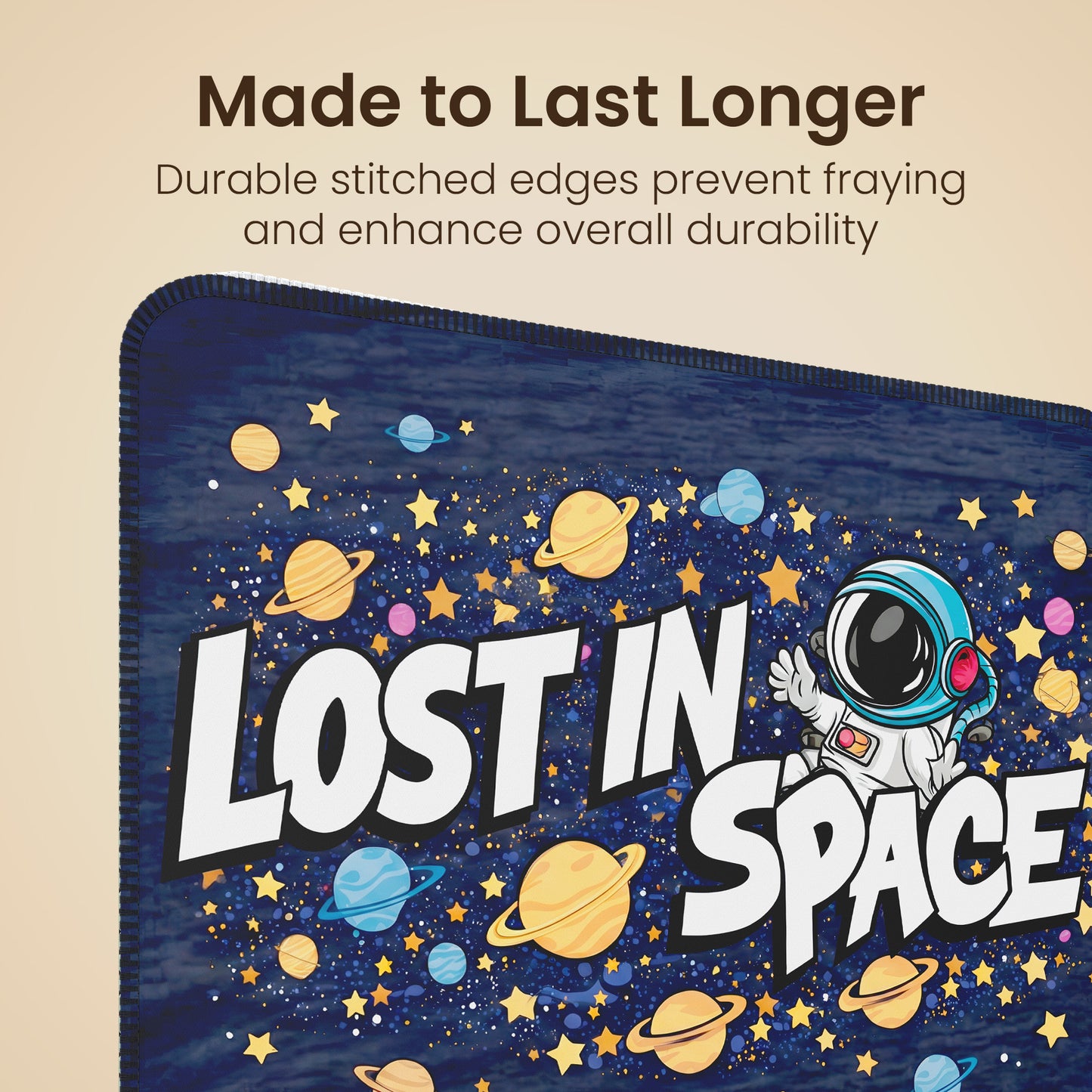 portronics comfipad space mouse pad for laptop highlighting durable anti fray stitched edges that ensure long lasting finish and prevent edge wear | high quality printed mousepad for pc and wireless mouse users who need reliable and sturdy computer accessories | check mouse pad price and buy comfipad online
