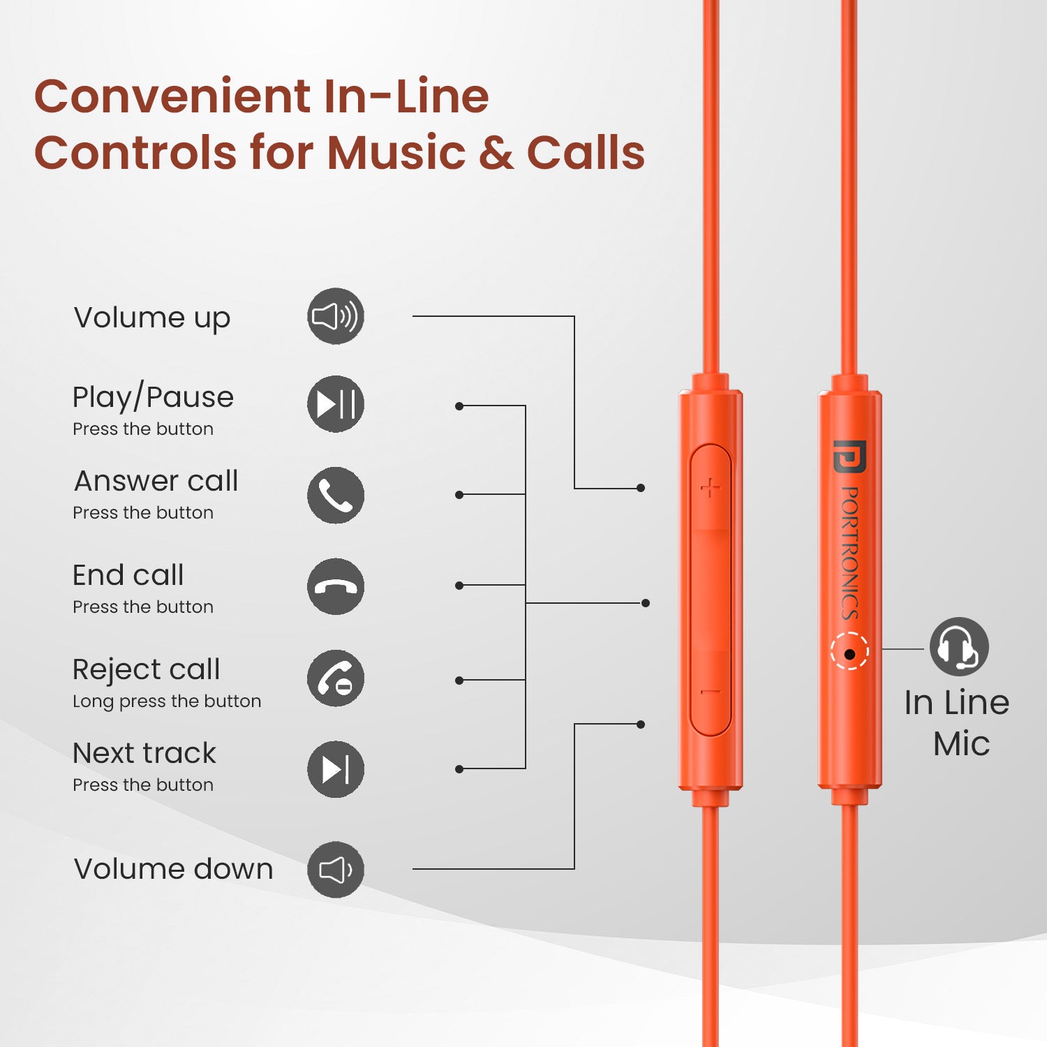 Orange portronics conch theta c personal audio | comfortable all day ear seal | bedtime audiobooks earphone with mic | comfortable in ear wired earphones