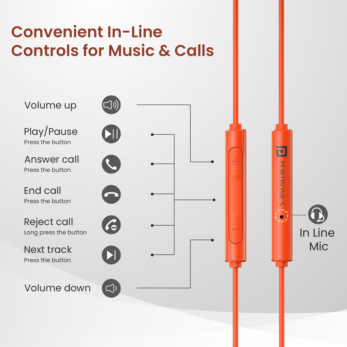 Orange portronics conch theta c personal audio | comfortable all day ear seal | bedtime audiobooks earphone with mic | comfortable in ear wired earphones
