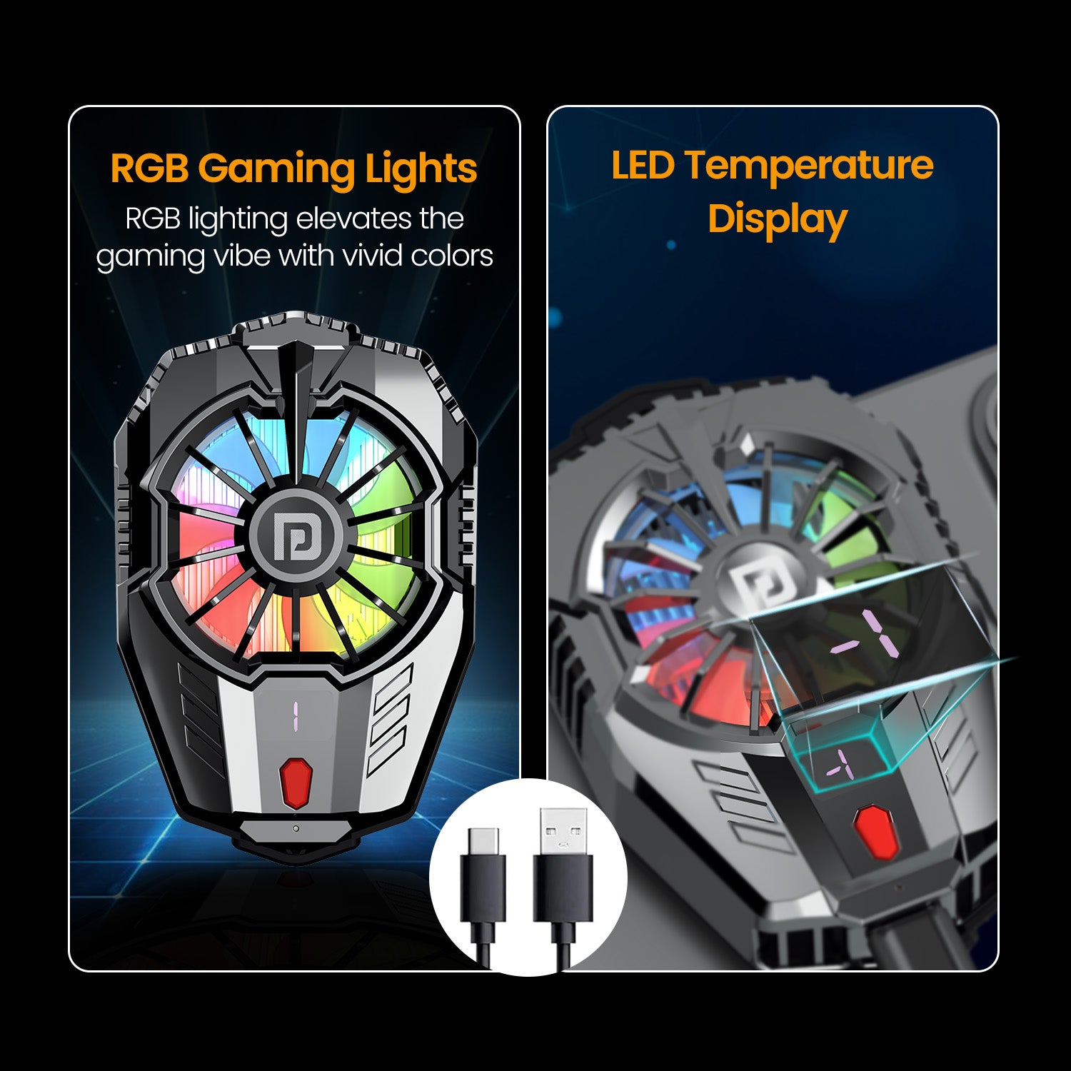 portronics cool pulse rgb gaming lights and led temperature display | vivid rgb lighting with real-time heat monitoring for gaming | rechargeable mini fan with rgb led and temperature display for mobile | best rgb mobile cooling fan with temperature display