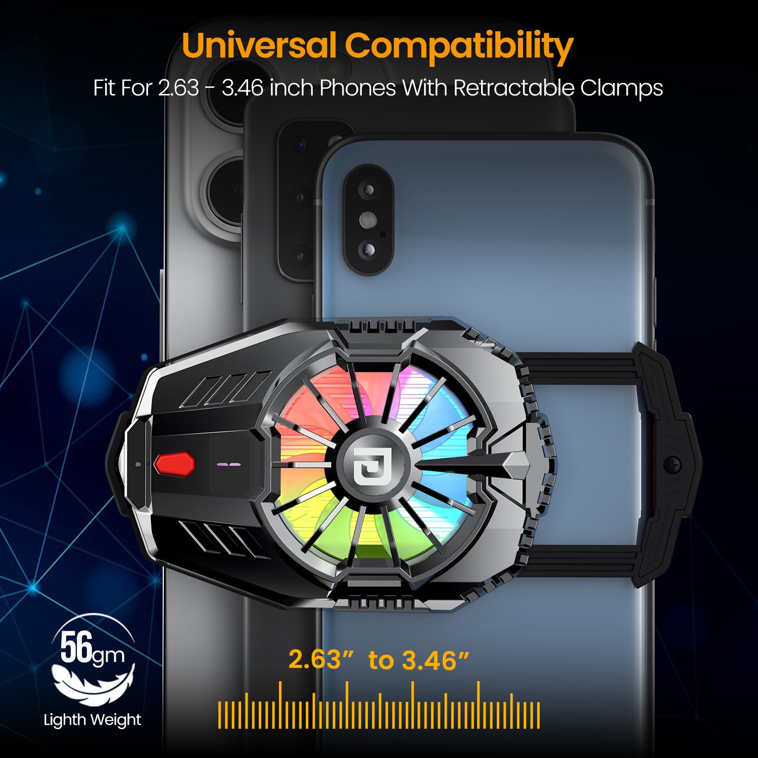 portronics cool pulse universal clamp mobile fan | retractable clamp fits 2.63 to 3.46 inch phones with 56gm lightweight build | portable mini fan with universal phone holder for all smartphone sizes | best lightweight portable fan with universal clamp