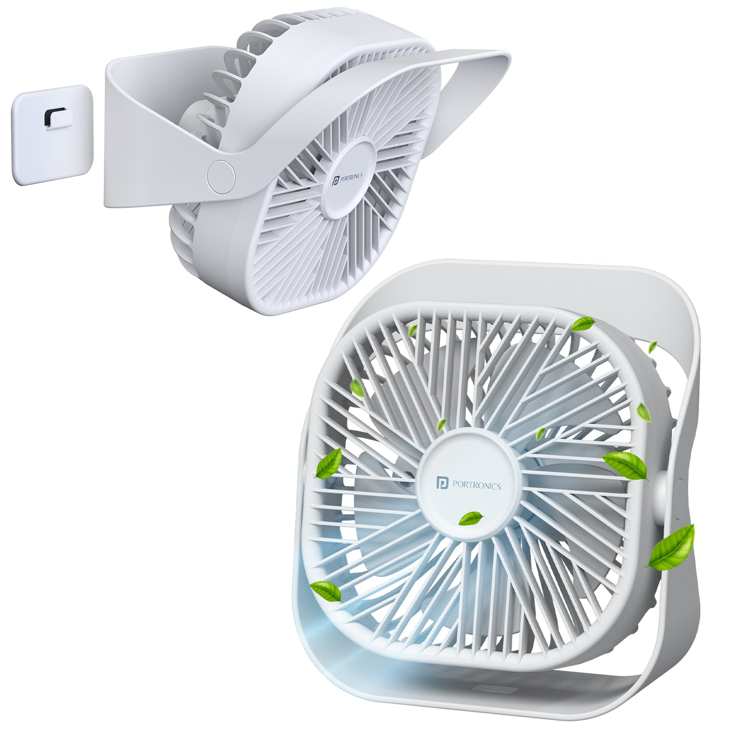 White portronics coolcube mini 2-in-1 portable desktop and wall fan | compact rechargeable fan with peel-and-stick adhesive wall mount bracket | mini table fan for kitchen dorm office and compact spaces | best portable mini fan for desk and wall