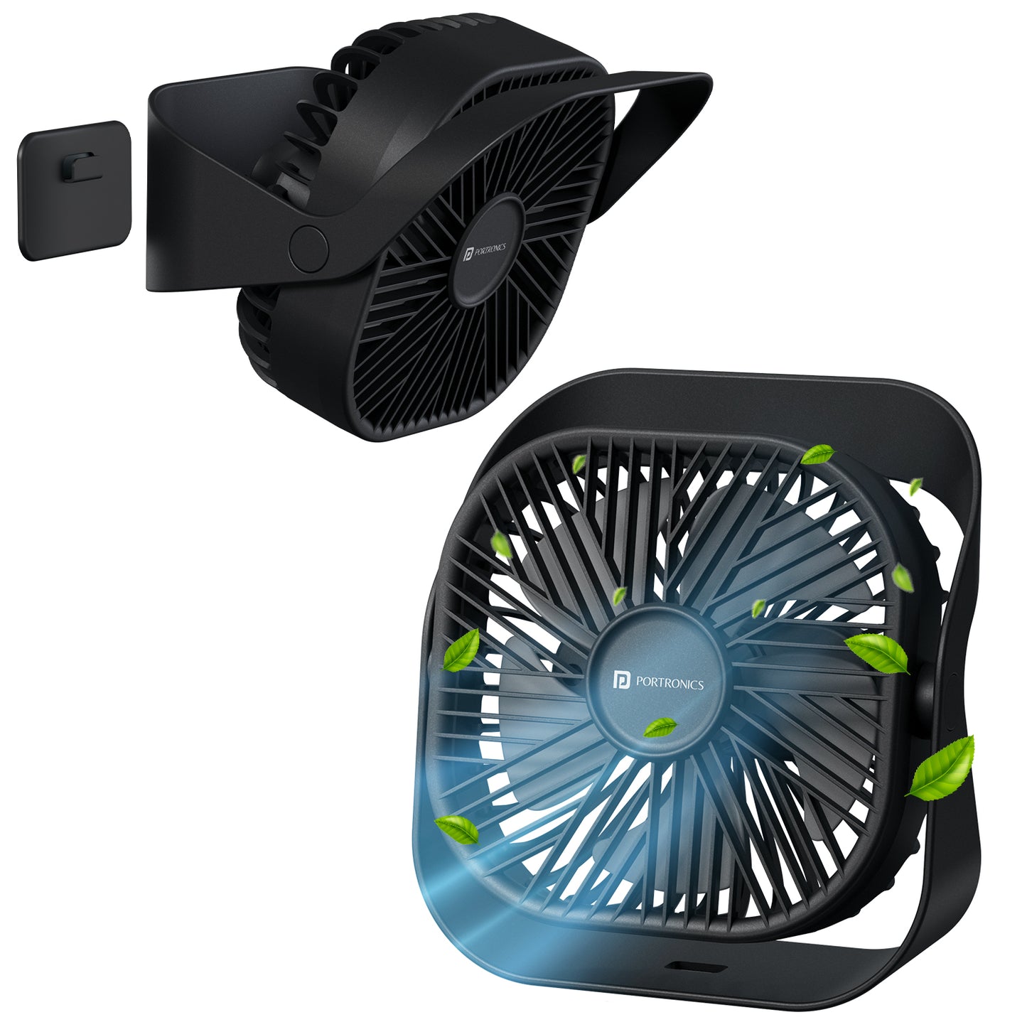 Black portronics coolcube mini portable desktop fan | 2-in-1 desk and wall fan with adhesive wall mount bracket | rechargeable mini table fan for kitchen dorm and work area | best portable rechargeable desk fan