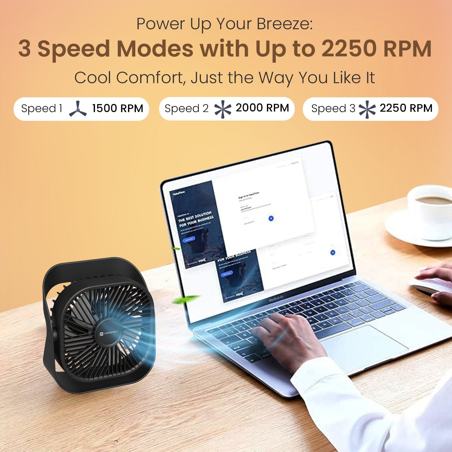 Black portronics coolcube mini rechargeable table fan with 3 speed settings | 1500 2000 2250 rpm speed modes for cool comfort at work | portable chargeable fan for laptop desk and office use | best rechargeable desk fan with variable speed