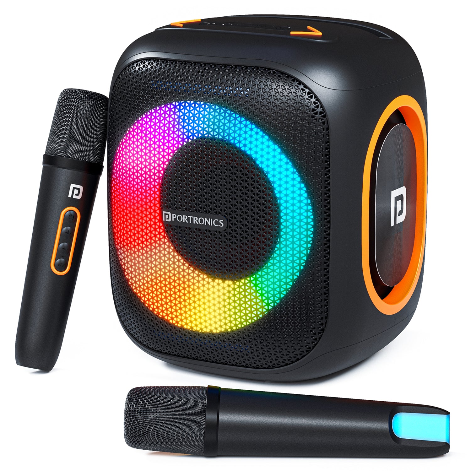 portronics dash 10 wireless speaker with wireless karaoke mic | compact portable soundbox paired with two handheld wireless vocal microphones and lateral passive radiators | hosting lively home karaoke competitions and outdoor musical singalongs with friends | best wireless party speaker with mic under 10000 for home gatherings