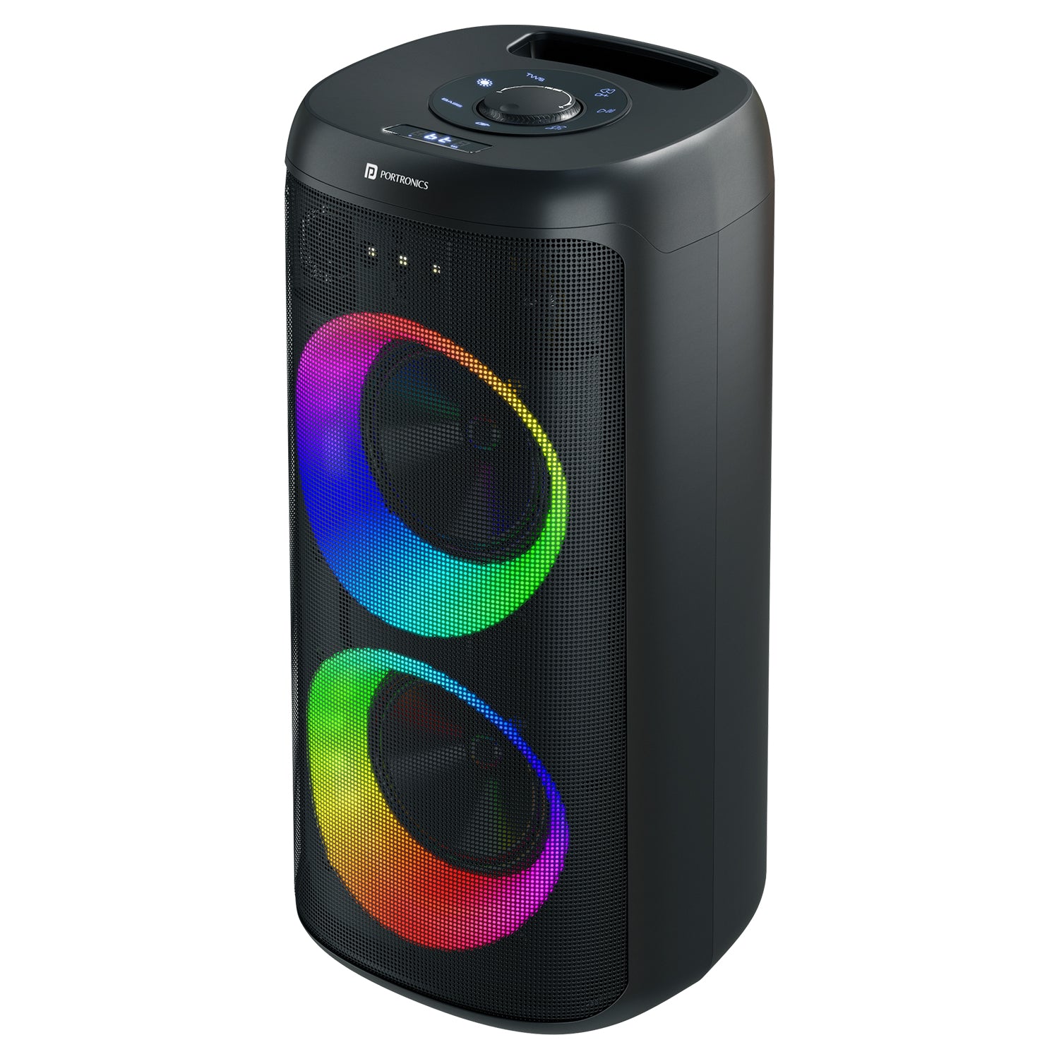 portronics dash 14 120W party speaker with mic dynamic RGB LED lights and dual bass driver wireless bluetooth speaker for home parties and gatherings | best party speakers with bass and karaoke mic | buy bluetooth party speaker online india