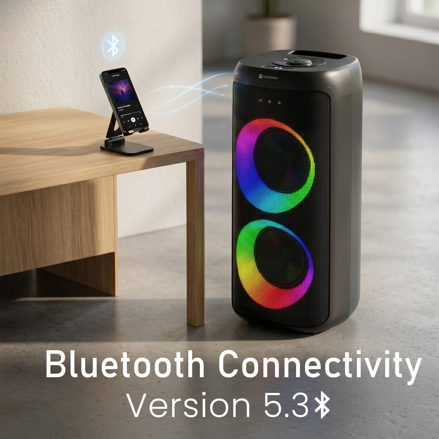 portronics dash 14 bluetooth party speaker with bluetooth 5.3 wireless connectivity for seamless pairing with smartphones tablets and laptops | wireless bluetooth speaker with stable connection | best party speakers with mic and bluetooth speaker india