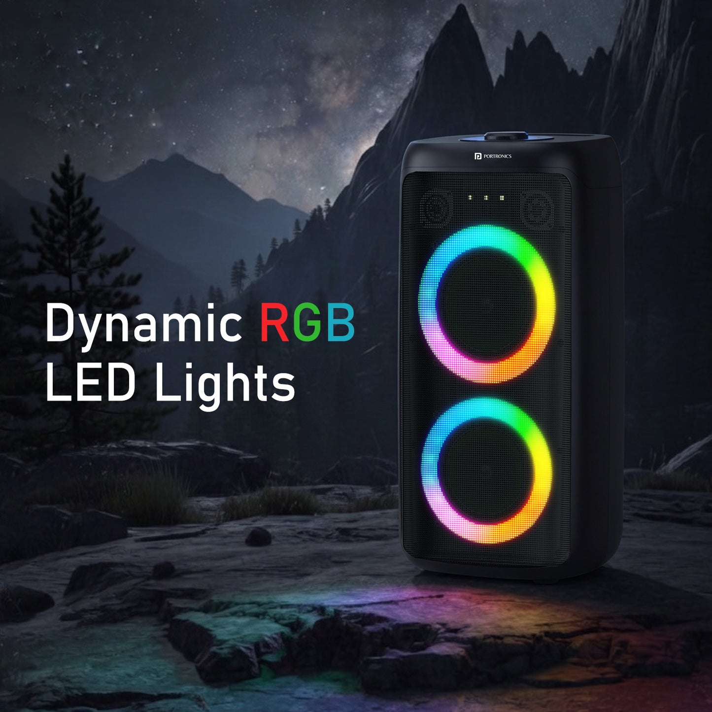 portronics dash 14 wireless party speaker with dynamic RGB LED lights syncing with music for immersive party atmosphere outdoors | bluetooth party speaker with vibrant party lights | best party speakers with bass for outdoor events india
