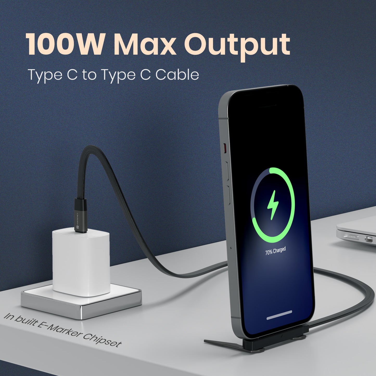 portronics dockline charging cable with 100w fast charging support| portable type c cable for watching videos | usb charging cable data sync
