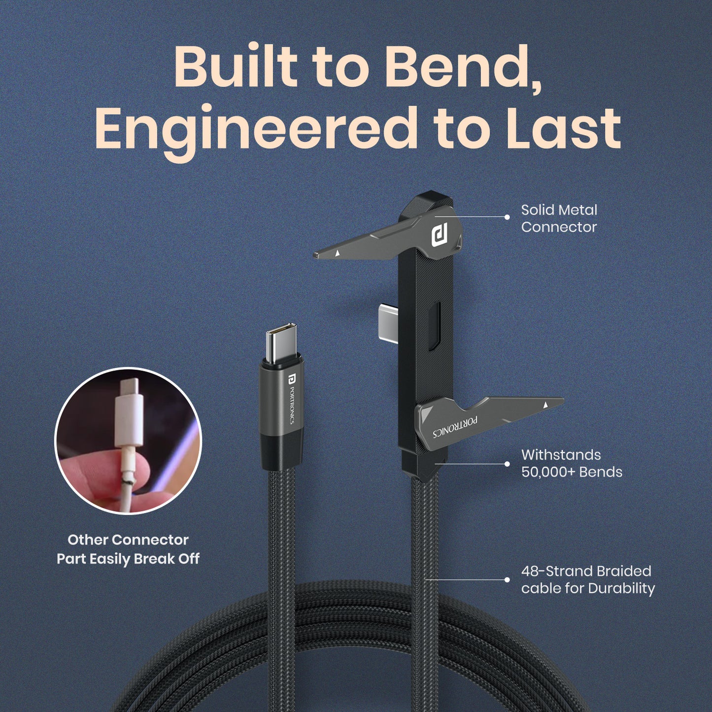 portronics dockline type c to type c cable with 90 degree l shaped connector attached to smartphone for gaming use | usb cable charging cable type c fast charging