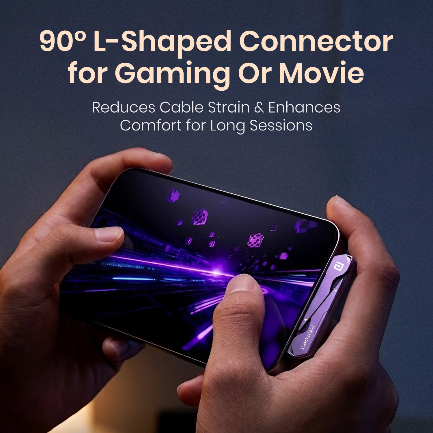 portronics dockline type c to type c cable with 90 degree l shaped connector attached to smartphone for gaming use 