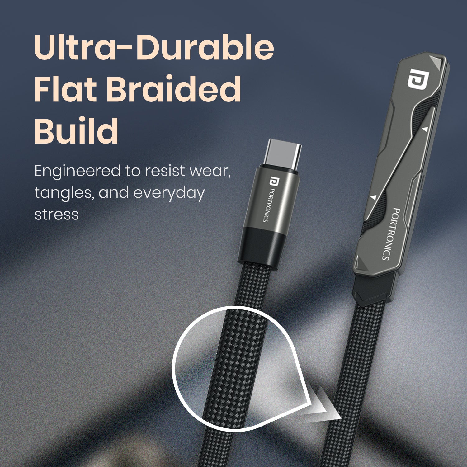 portronics dockline usb cable type c with flat anti bend braided cable and metallic connectors | durable fast charging cable on desk setup | data sync data transfer