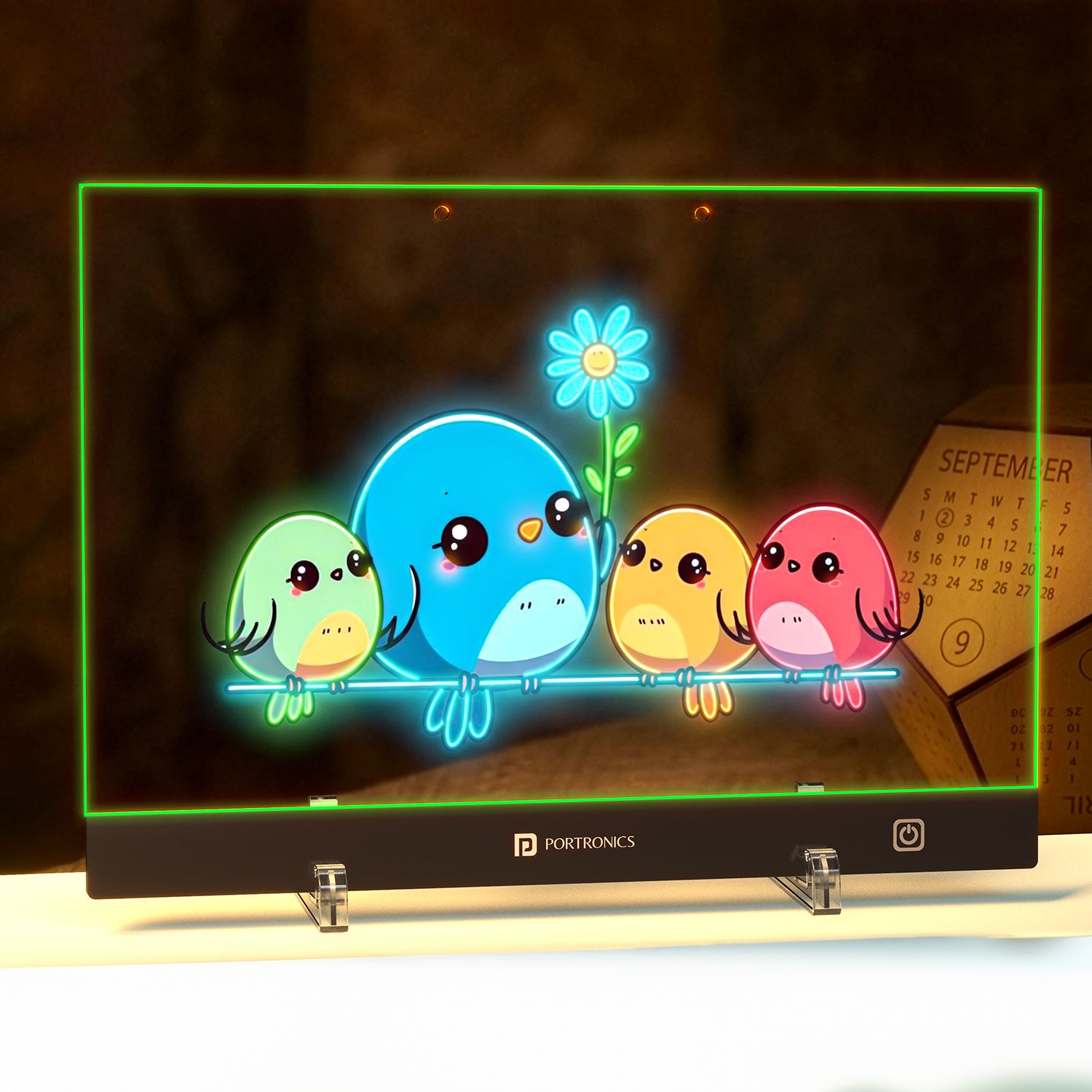 portronics doodle pro transparent writing pad | glowing led panel with cute cartoon birds illustration multicolor led writing pad | creating bright drawings for bedroom decor glow writing board | best light up writing pad for home decoration