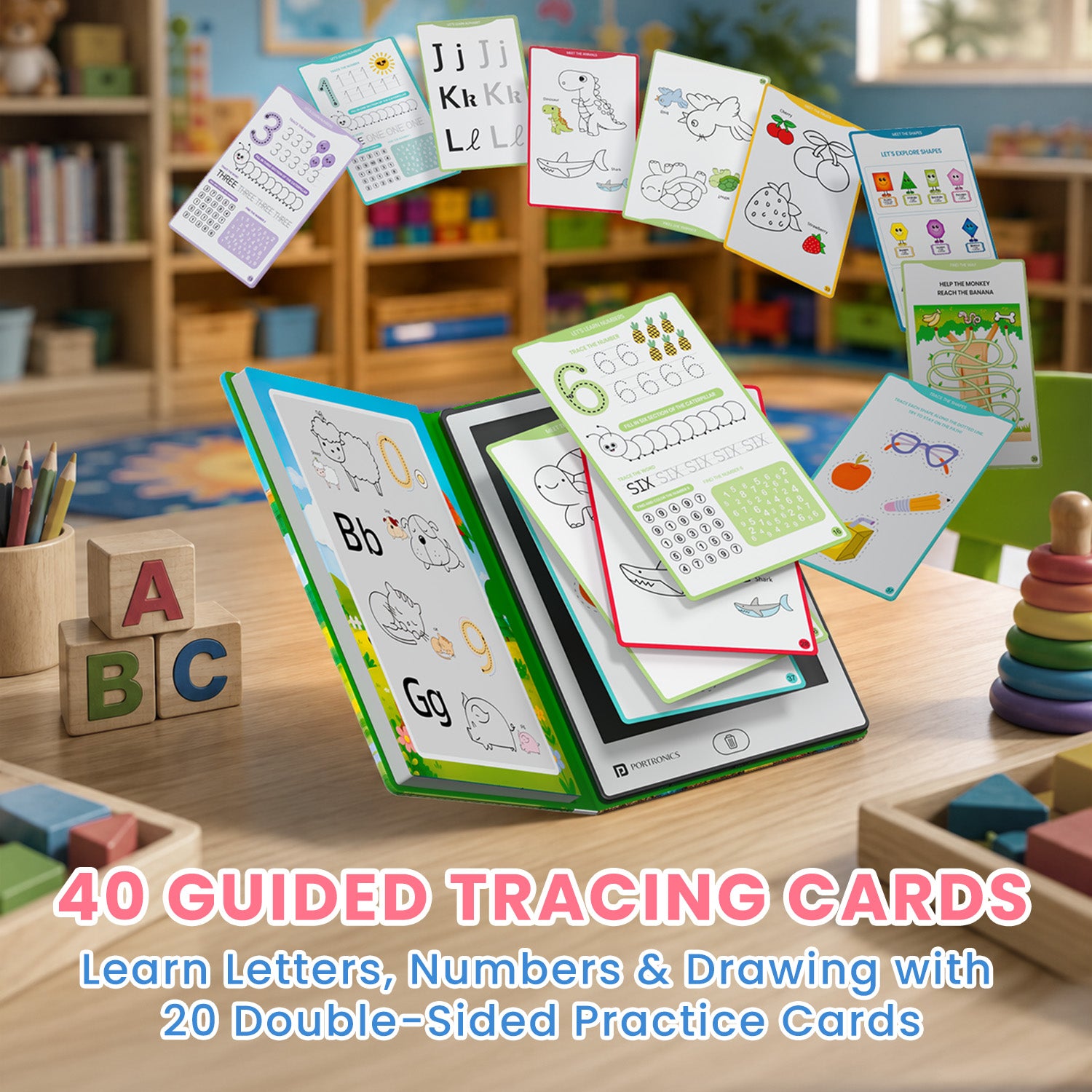 portronics draw buddy 40 guided tracing activity cards | reusable learning cards with alphabet shapes and animal exercises | kids learning toy with structured tracing curriculum | reusable learning cards for kids