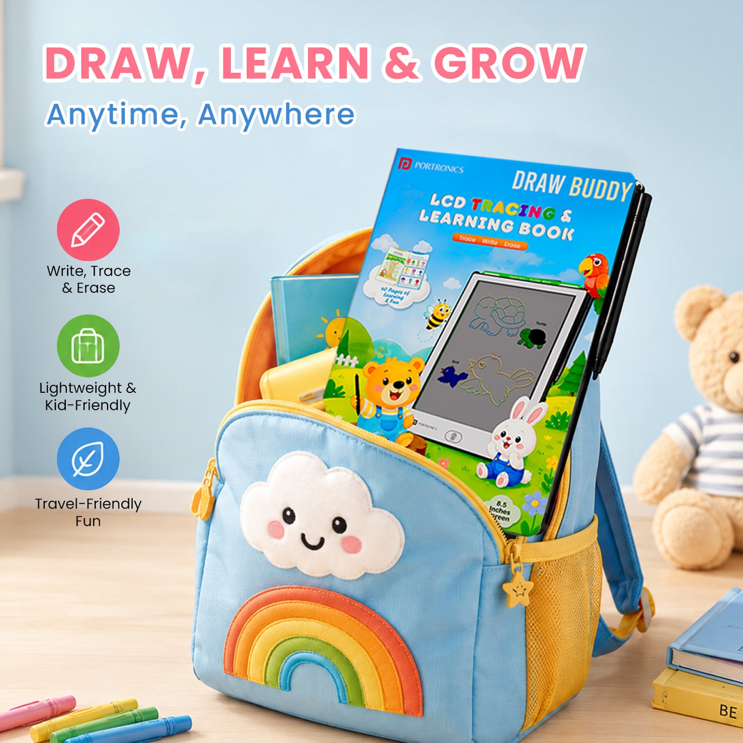 portronics draw buddy draw learn and grow kids activity tablet | portable lcd writing pad for anytime anywhere learning | kids learning toy for indoor and travel play | interactive learning toy for toddlers