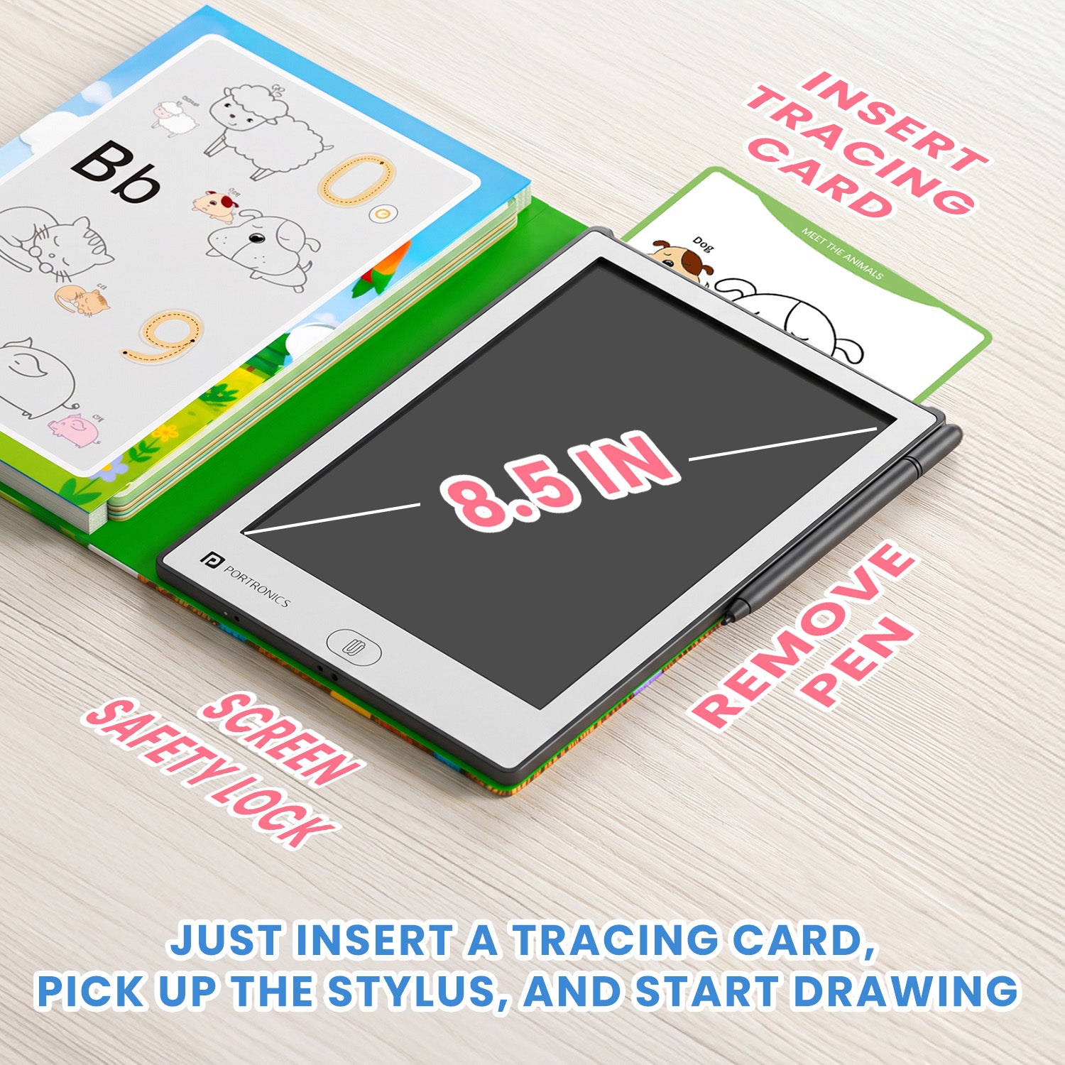portronics draw buddy tracing card insert and feature highlights | lcd tracing tablet with eye-safe paperless learning | kids educational tablet with stylus and learning cards | kids writing tablet with guided tracing system