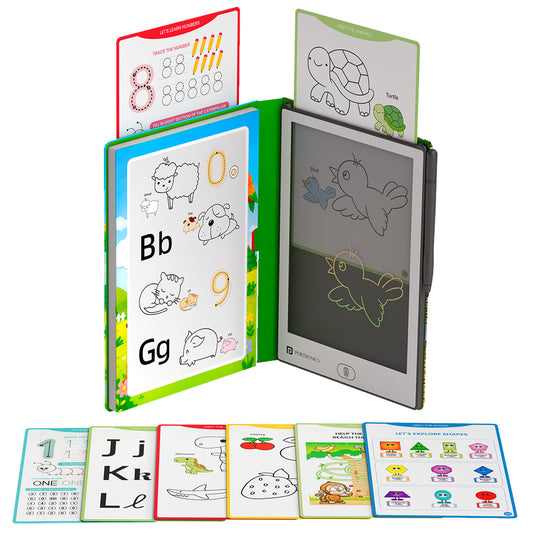 portronics draw buddy lcd writing tablet with reusable learning cards | 20 tracing cards with animals alphabets and shapes | kids tracing tablet for early learning | lcd writing tablet for kids