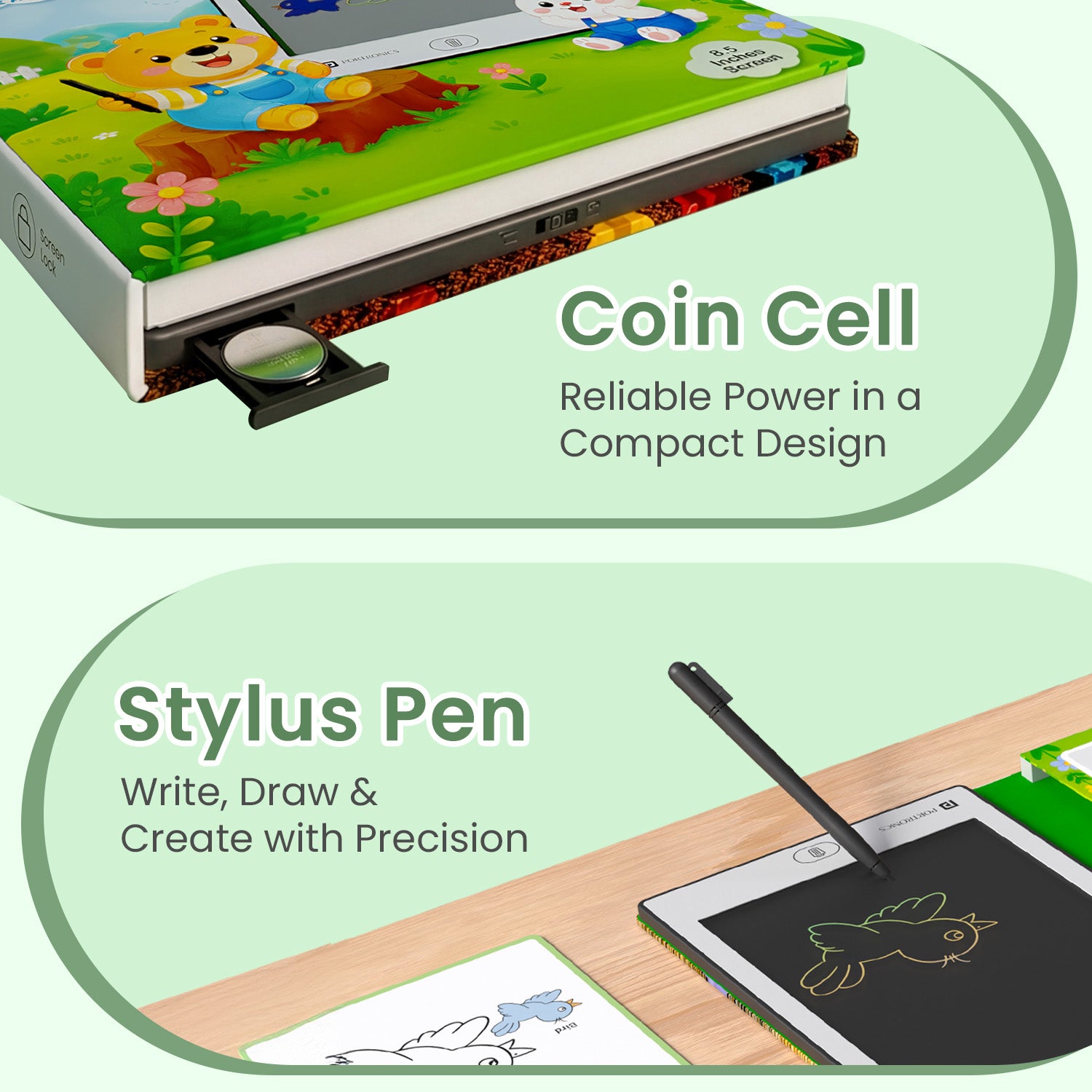 portronics draw buddy coin cell powered lcd notepad | compact portable design with reliable battery | reusable writing pad for travel and home use | portable writing tablet for kids