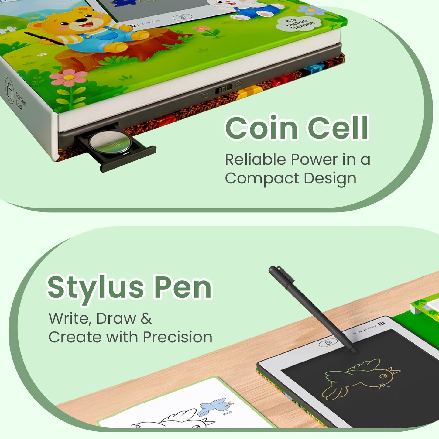 portronics draw buddy coin cell powered lcd notepad | compact portable design with reliable battery | reusable writing pad for travel and home use | portable writing tablet for kids