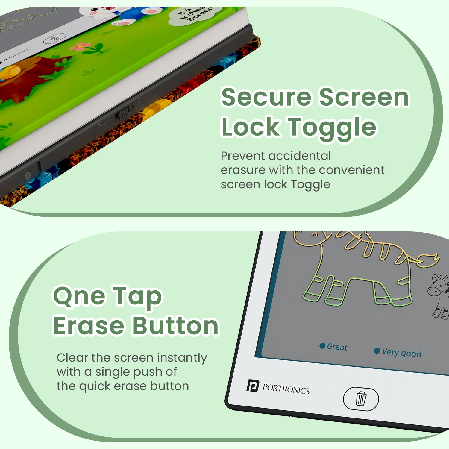 portronics draw buddy secure screen lock and one tap erase button | screen lock function to save traced drawings | kids writing tablet with easy erase and lock feature | reusable writing pad with screen lock for kids