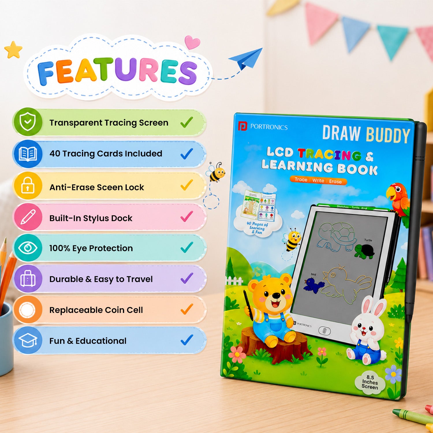 portronics draw buddy stylus pen for precise tracing | pressure sensitive writing technology for pen-like experience | kids drawing pad with included stylus | pressure sensitive writing tablet for children