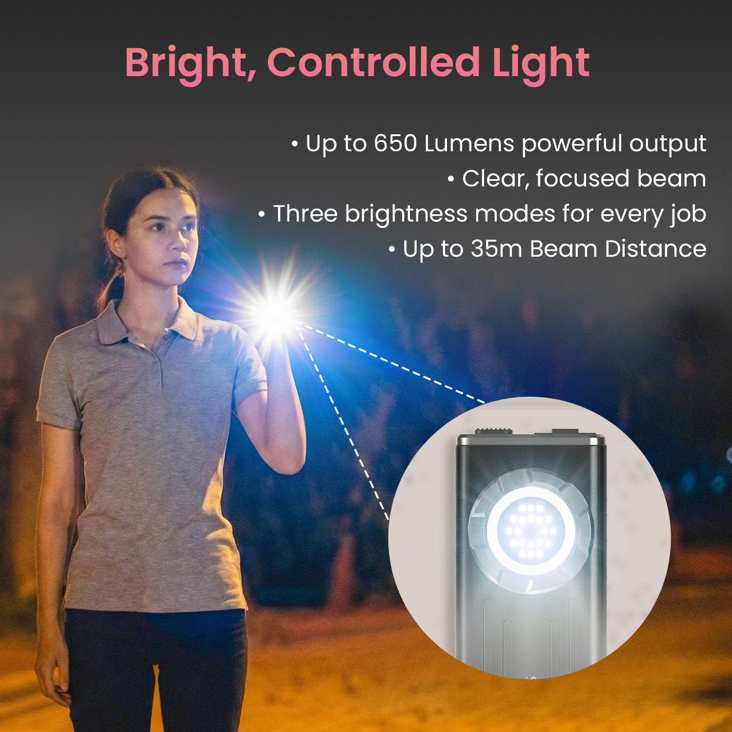 portronics eco glow bolt flashlight | compact rechargeable led torch with 650 lumens power and 3 level brightness | flashlight torch available online at affordable torch price