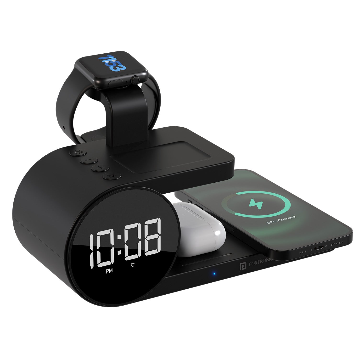 portronics freedom 6 5 in 1 wireless charging station | simultaneous 3 device charging for phone watch and earbuds | bedroom nightstand cable clutter reduction | 5 in 1 wireless charger for apple and android