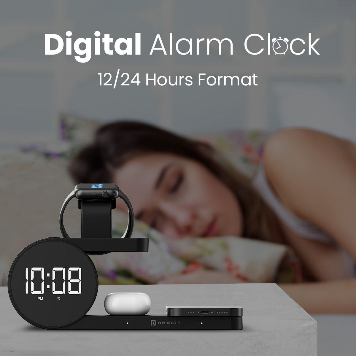 portronics freedom 6 desktop wireless charger | integrated digital alarm clock with led time display | daily morning schedule organizer | wireless charger with digital clock