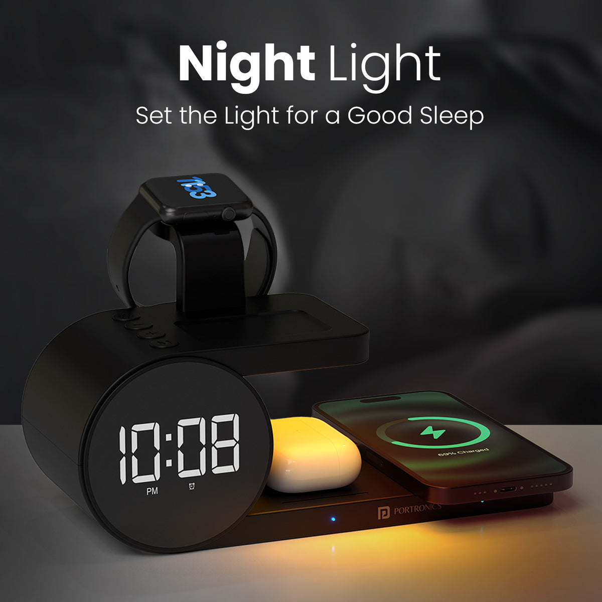 portronics freedom 6 fast wireless charger | built in touch controlled ambient night light | gentle bedside illumination during sleep | wireless charger with night light