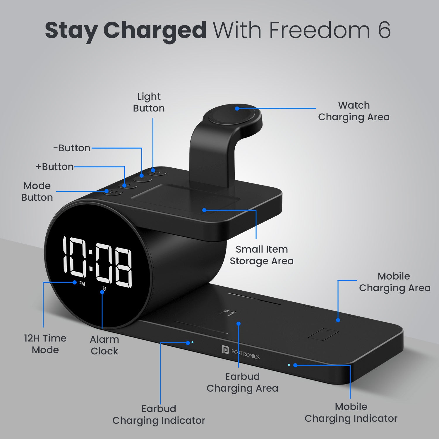 portronics freedom 6 phone charging station | type c power input with overcharge and thermal safety | safe overnight multi device power transfer | best 5 in 1 wireless charging station