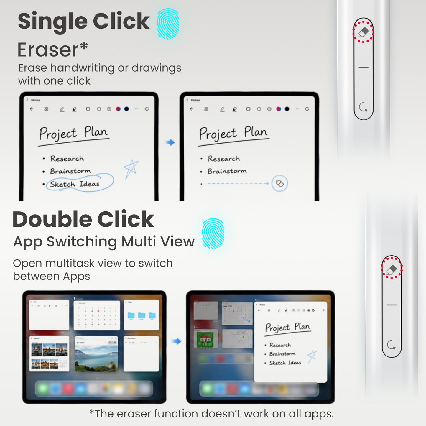 portronics glide pro ipad stylus | one click eraser and multitasking app switcher shortcut palm rejection stylus | seamless app navigation during digital notes taking tablet stylus | best ipad pen for notes and drawing