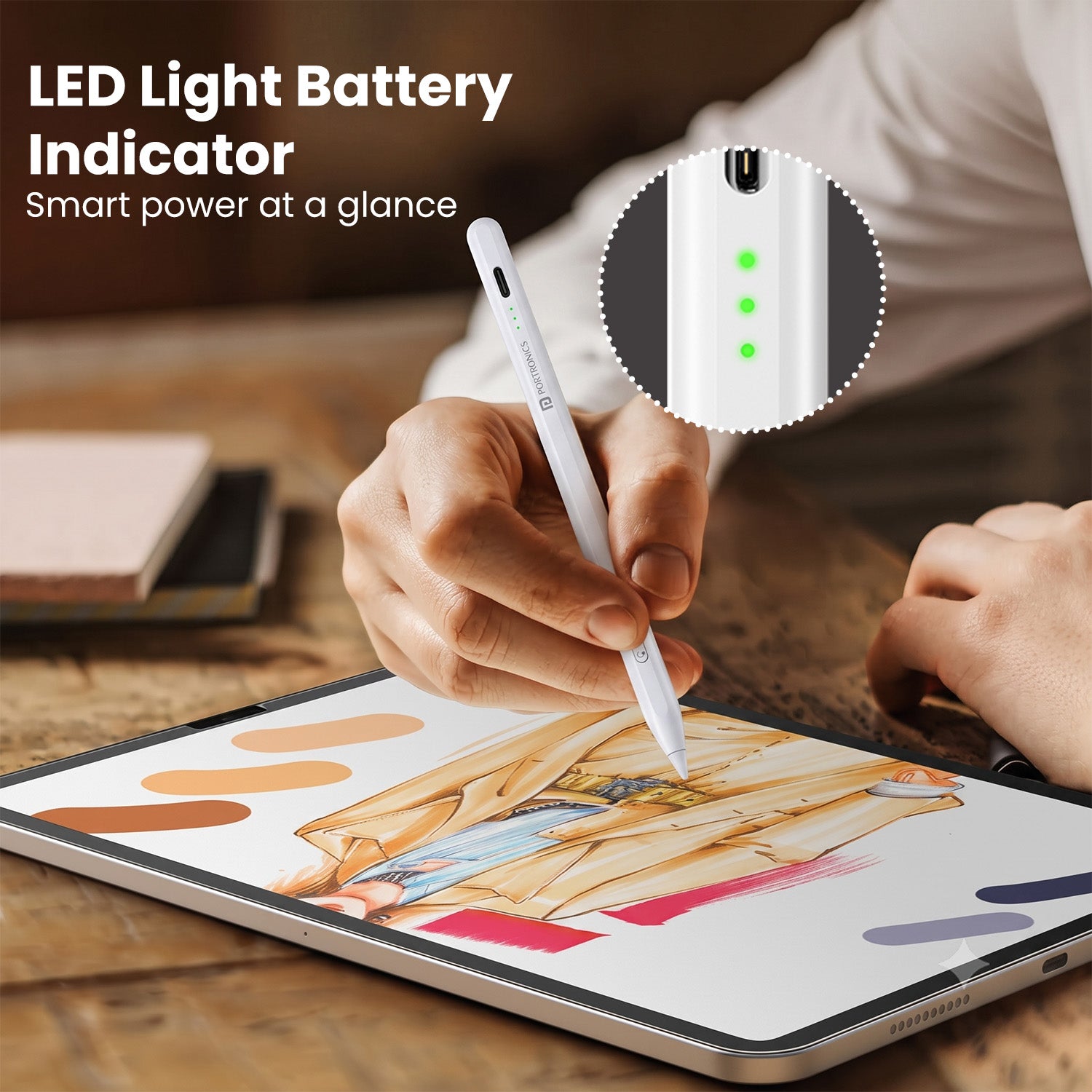 portronics glide pro led battery indicator stylus | smart 3 dot led power level indicator lights precision stylus | real time battery status tracking while writing note taking pen | stylus pen for tablet with battery indicator