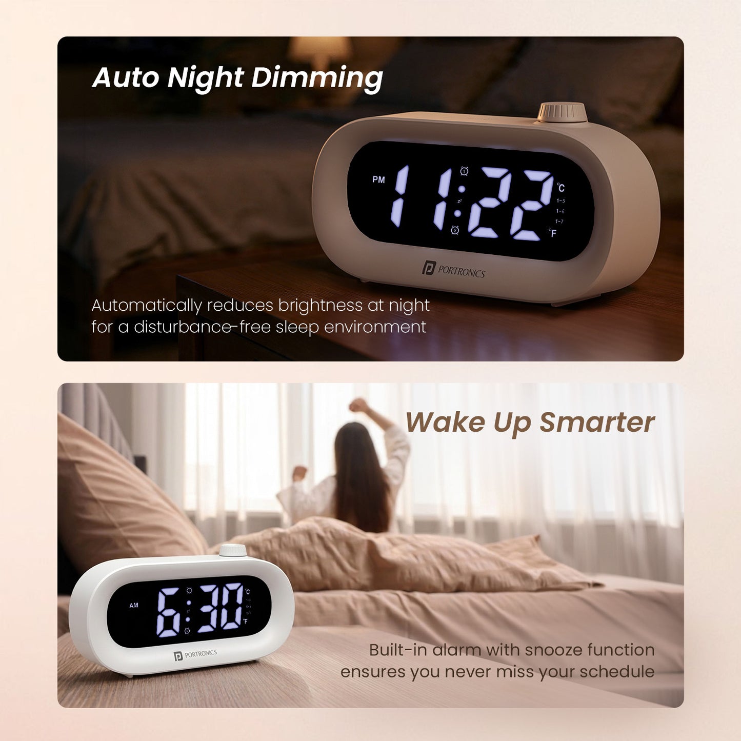 portronics glowtime alarm table clock | auto night dimming sensor alarm clock | waking up in bedroom smart alarm clock | alarm table clock for nightstand