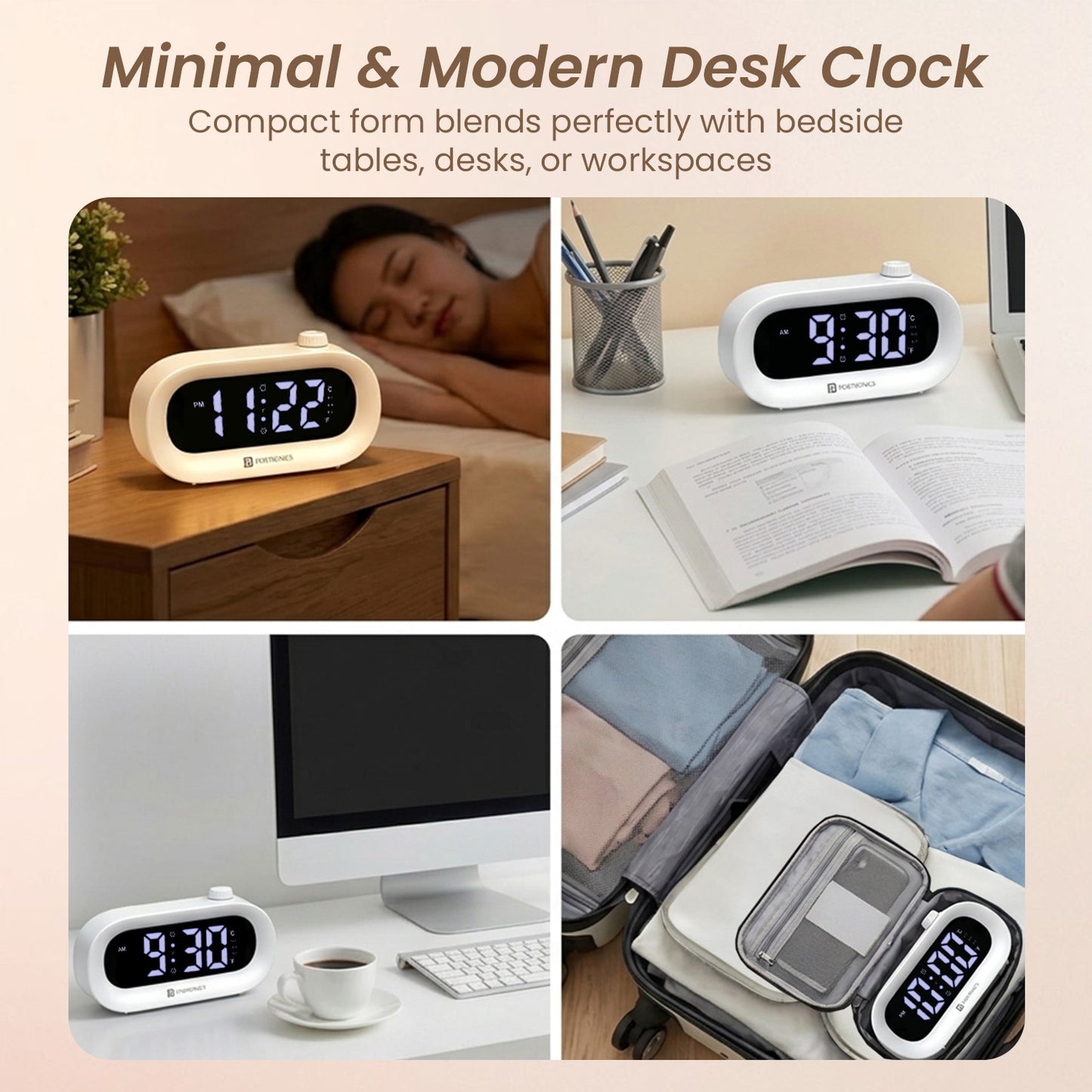 portronics glowtime clock alarm | compact portable aesthetic alarm clock | organizing school office bedroom workspaces digital desk clock | alarm clock travel companion