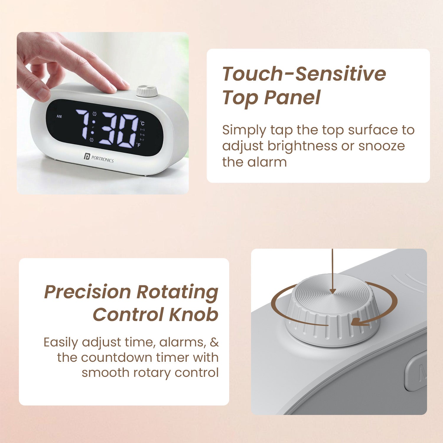 portronics glowtime smart alarm clock | tactile dial rotating knob clock alarm | adjusting countdown timer digital clock with timer and alarm | smart alarm clock settings
