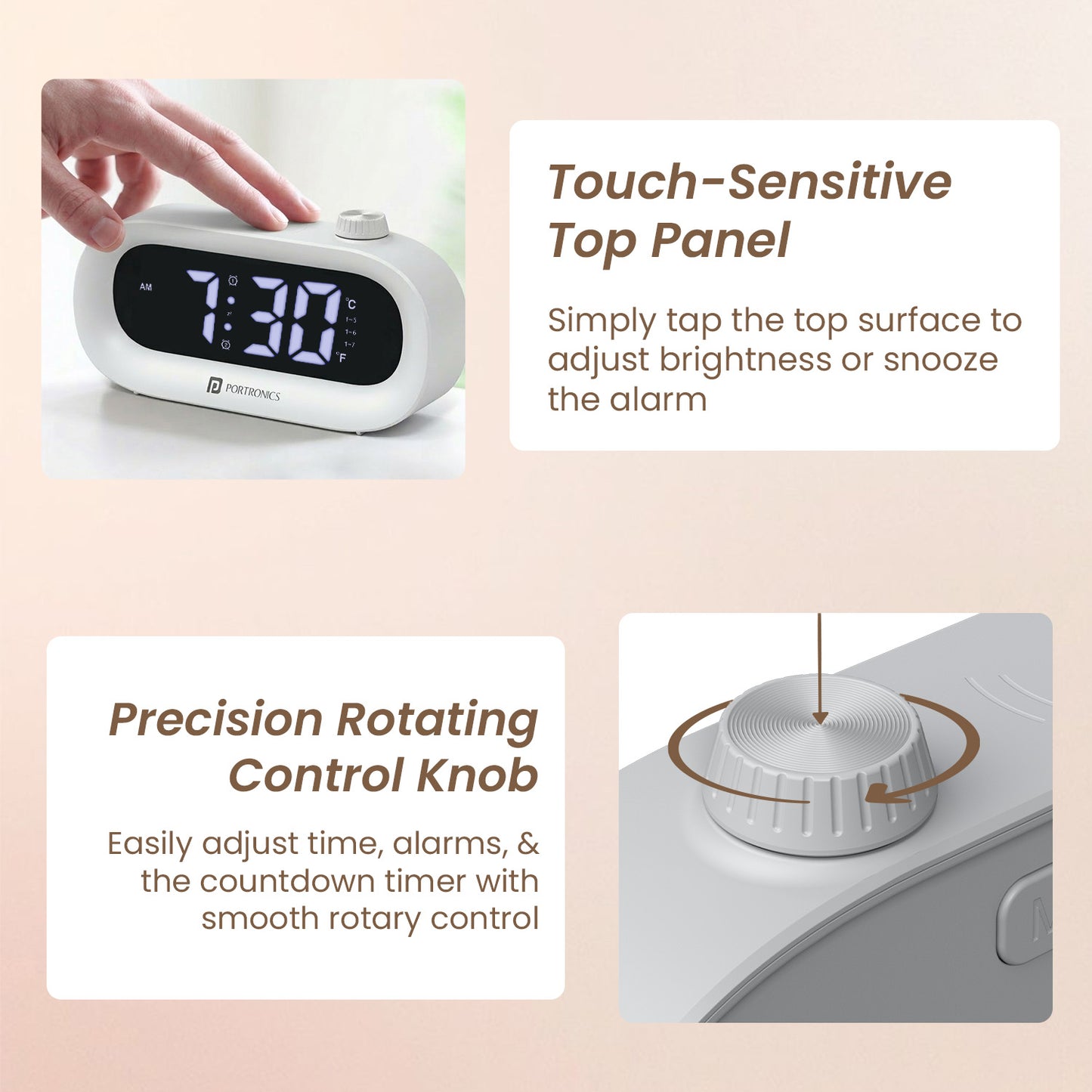 portronics glowtime smart alarm clock | tactile dial rotating knob clock alarm | adjusting countdown timer digital clock with timer and alarm | smart alarm clock settings