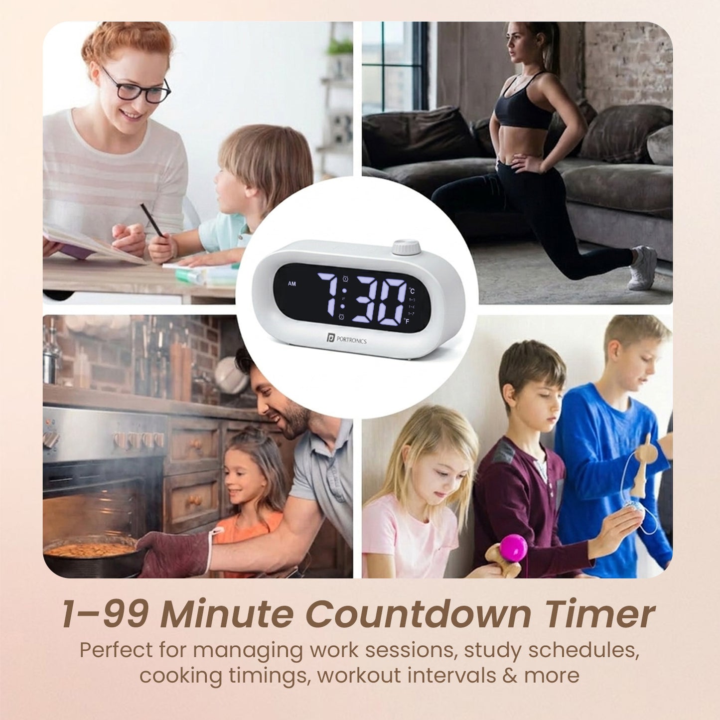 portronics glowtime digital clock with timer and alarm | countdown timer interval tracker clock alarm | managing work study cooking workouts alarm clock | digital clock for table multitasking