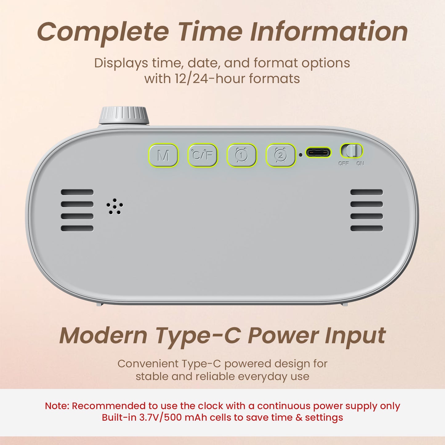 portronics glowtime rechargeable digital clock for table | type-c powered input alarm clock | back panel button adjustment rechargeable digital clock for table | table clock with alarm ports