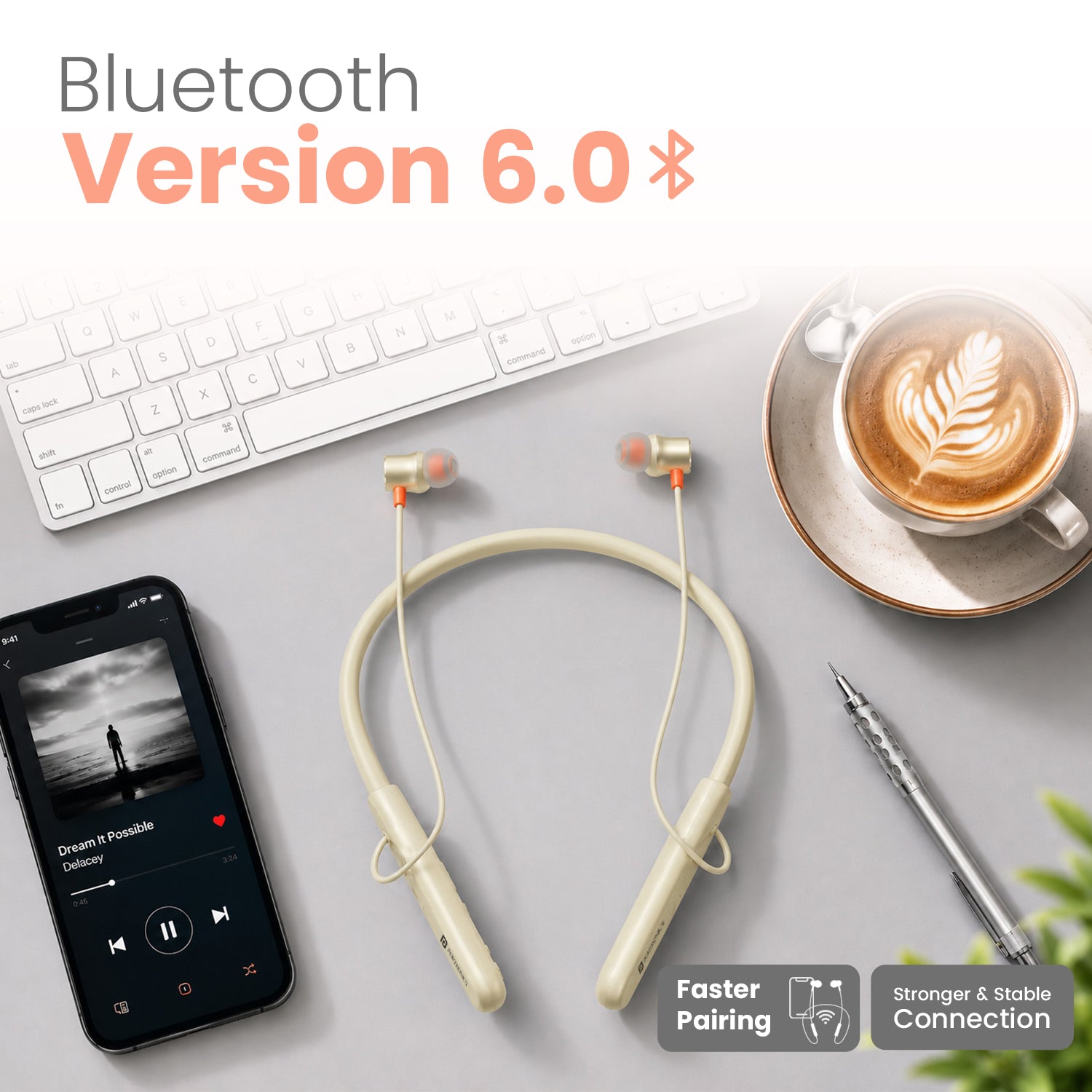 Beige portronics harmonics prime bluetooth 6.0 headset | energy efficient modern bluetooth wireless transmission | daily workstation audio and podcast listening | premium wireless headset with bluetooth 6.0