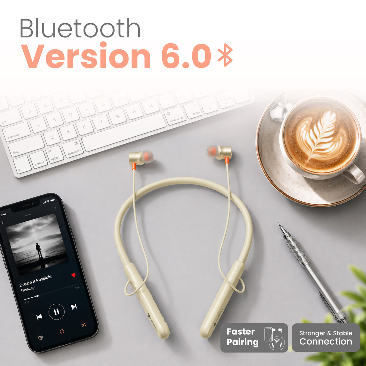 Beige portronics harmonics prime bluetooth 6.0 headset | energy efficient modern bluetooth wireless transmission | daily workstation audio and podcast listening | premium wireless headset with bluetooth 6.0