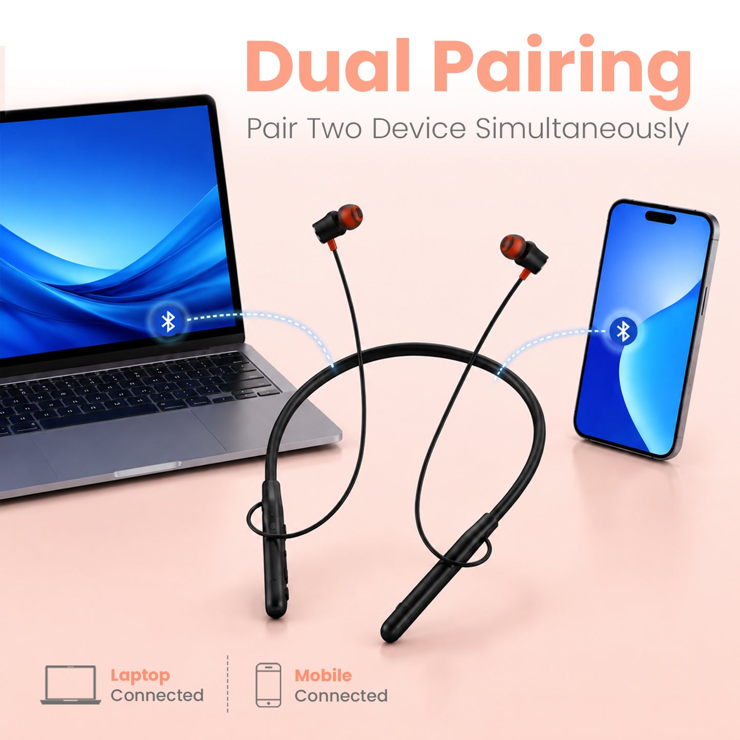 Black portronics harmonics prime dual pairing neckband | seamless dual pairing laptop mobile multi device connection | multitasking work from home headset | buy dual connection wireless earphones