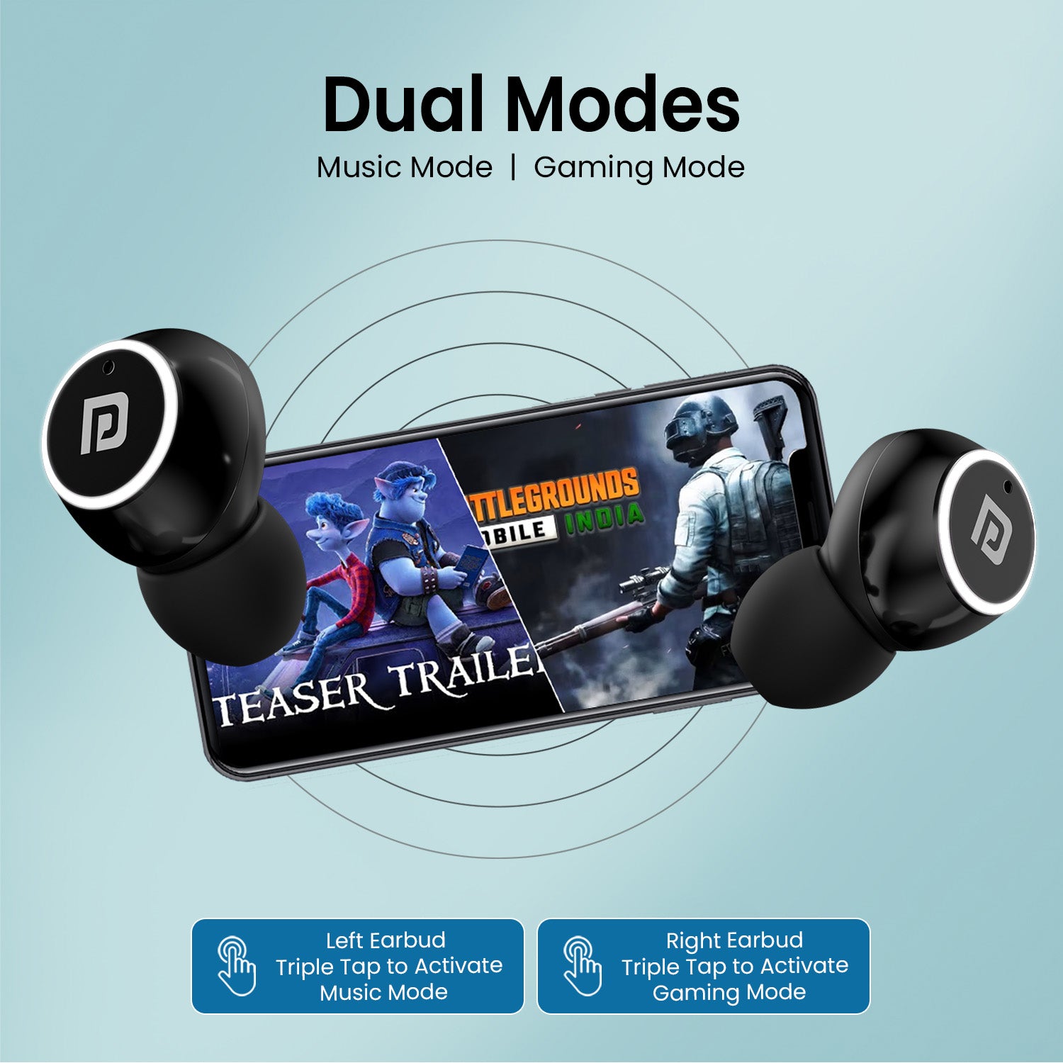 Black portronics harmonics twins s13 dual mode earbuds – music and gaming mode low latency tws earbuds for gaming and entertainment