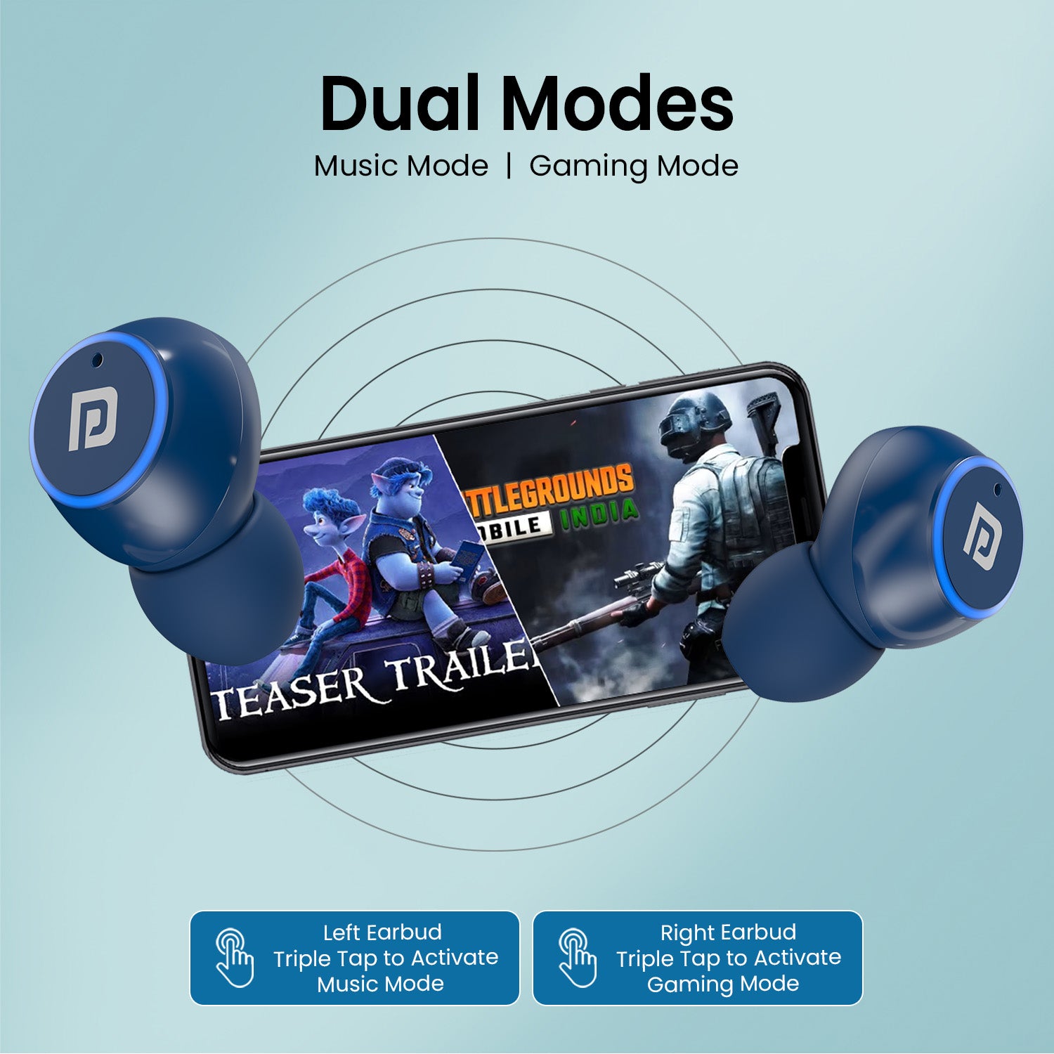 Blue portronics harmonics twins s13 dual mode wireless earbuds – music and gaming mode low latency tws earbuds for entertainment
