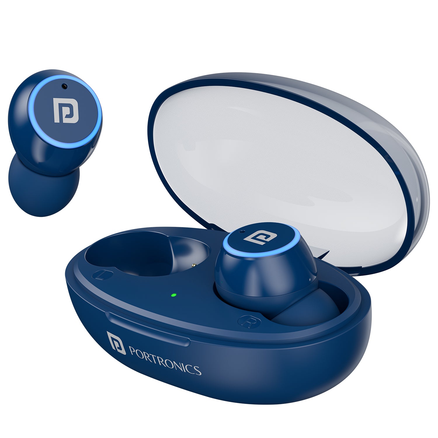 Blue portronics harmonics twins s13 tws earbuds with transparent charging case – smart wireless bluetooth earbuds with touch control and 24 hour playtime