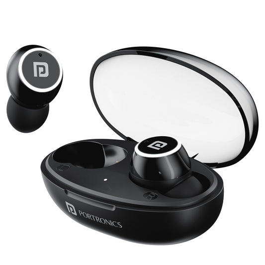 Black portronics harmonics twins s13 tws earbuds with transparent charging case – smart wireless bluetooth earbuds with 24 hour playtime