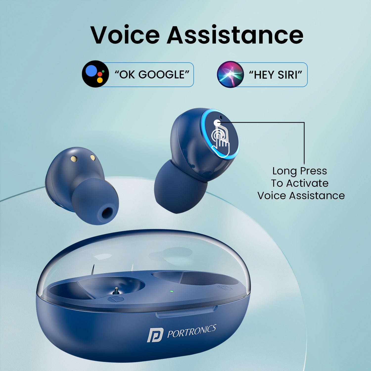 Blue portronics harmonics twins s13 voice assistant bluetooth earbuds – supports ok google and hey siri for hands free control