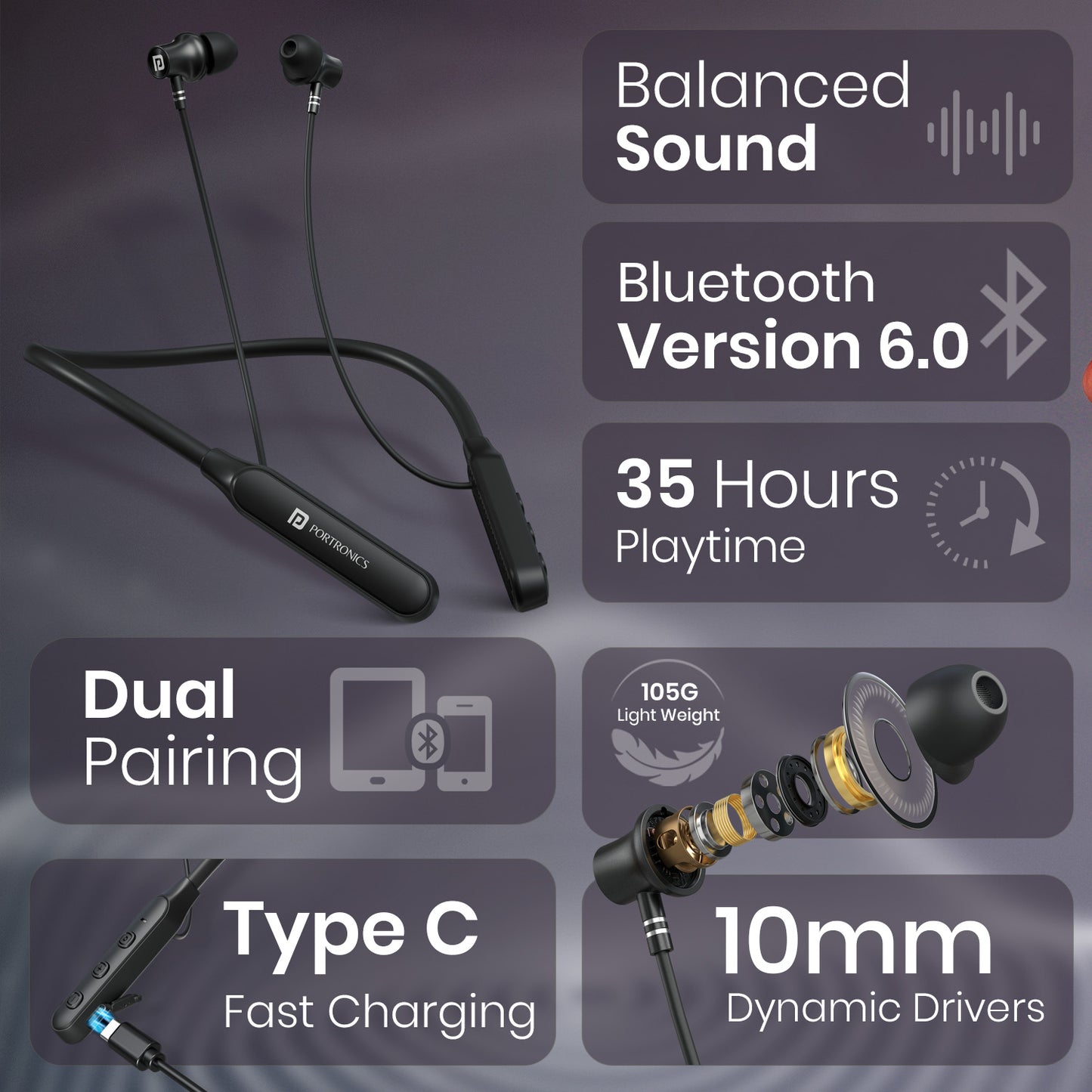 portronics harmonics z14 wireless earphones game mode | neckband for sports and fitness | bluetooth neckband with low latency game mode for lag-free gaming and video streaming

