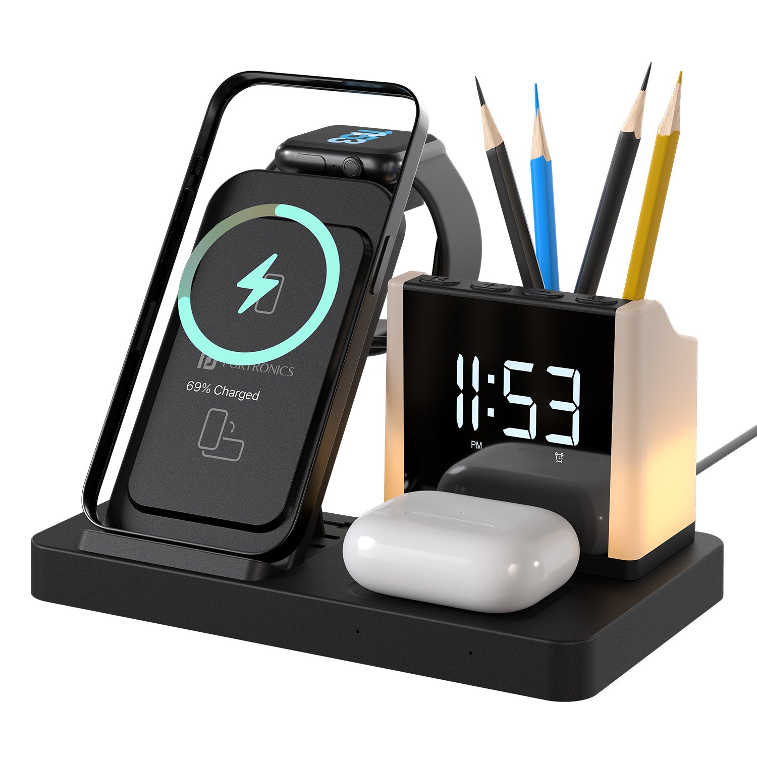 portronics hexacharge 6 in 1 wireless charging station 15w| best wireless charger for iphone and android online india| desktop wireless charger with led lamp digital alarm clock| wireless charger fast wireless charger 6 in 1 charging station
