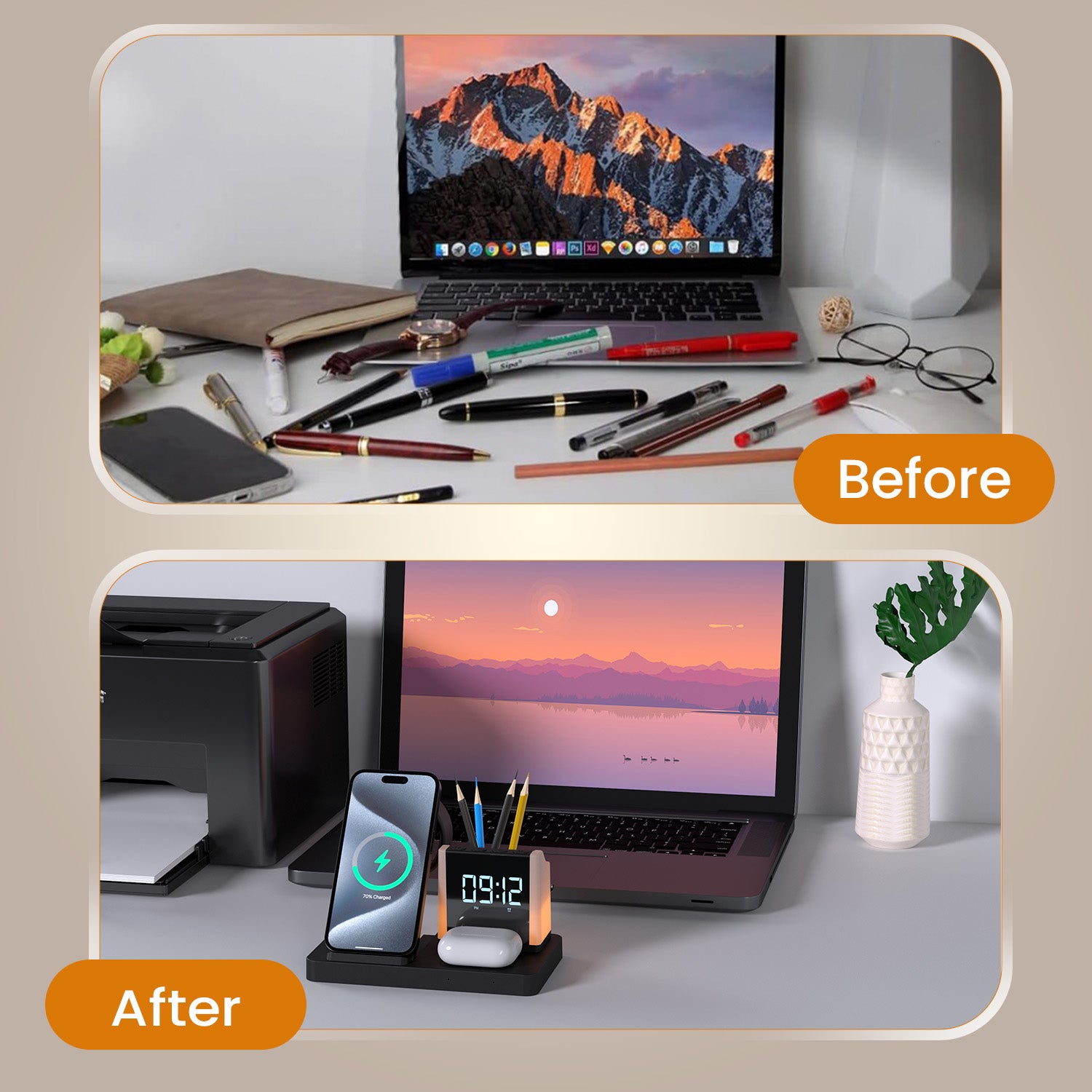 portronics hexacharge 6 in 1 wireless charging station with pen stand| best desktop wireless charger for organized workspace india| wireless charging pad with pen holder led lamp alarm clock| desktop wireless charger wireless mobile charging pad 6 in 1 charging station